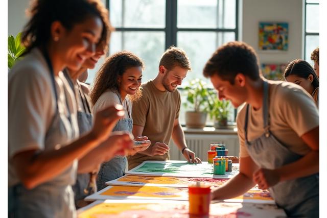 A diverse group of university art students actively engaged in a lively painting workshop, collaborating and sharing ideas