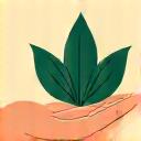 Icon representing ethical sourcing with hands holding a leaf