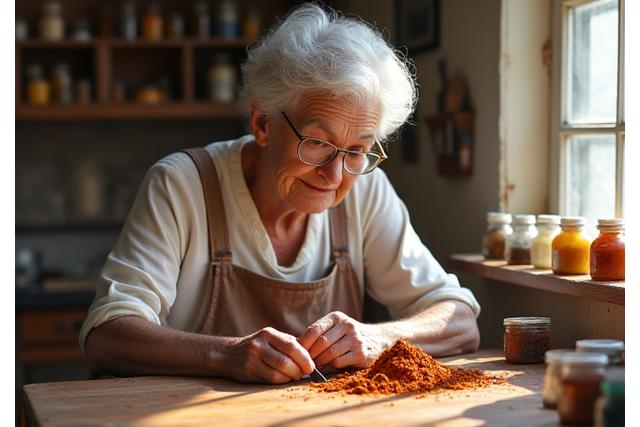 Elderly artisan founder carefully inspecting pigments in a historic London workshop, early 20th century, with vintage tools