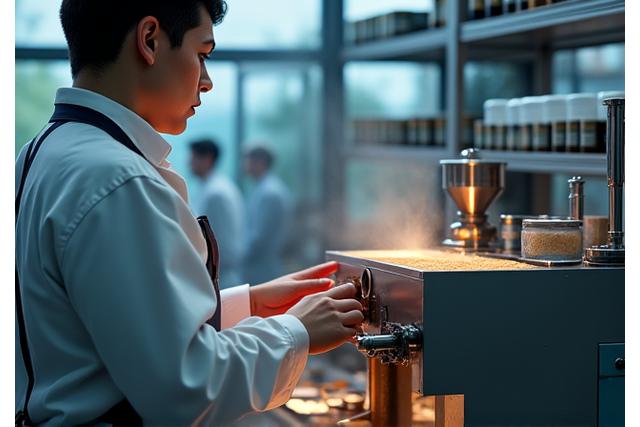 A close-up shot of an artisan in a clean lab setting, meticulously grinding pigments with a modern, high-precision machine