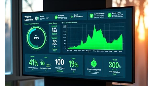 A sleek, modern digital dashboard showing renewable energy usage metrics and carbon footprint reduction, with a subtle natural backdrop