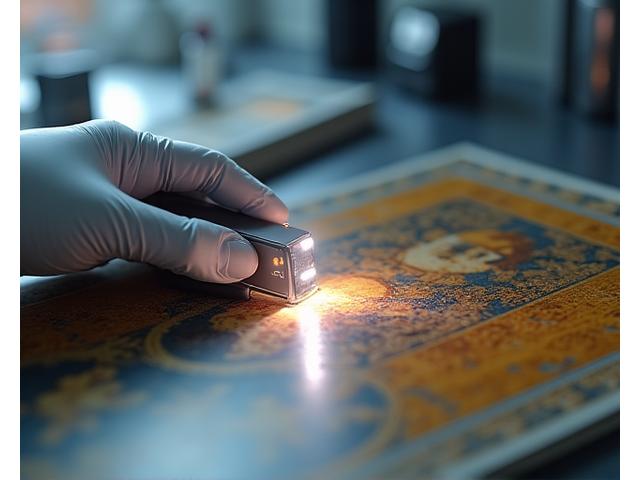 Hand holding XRF spectrometer over artwork, analyzing pigments