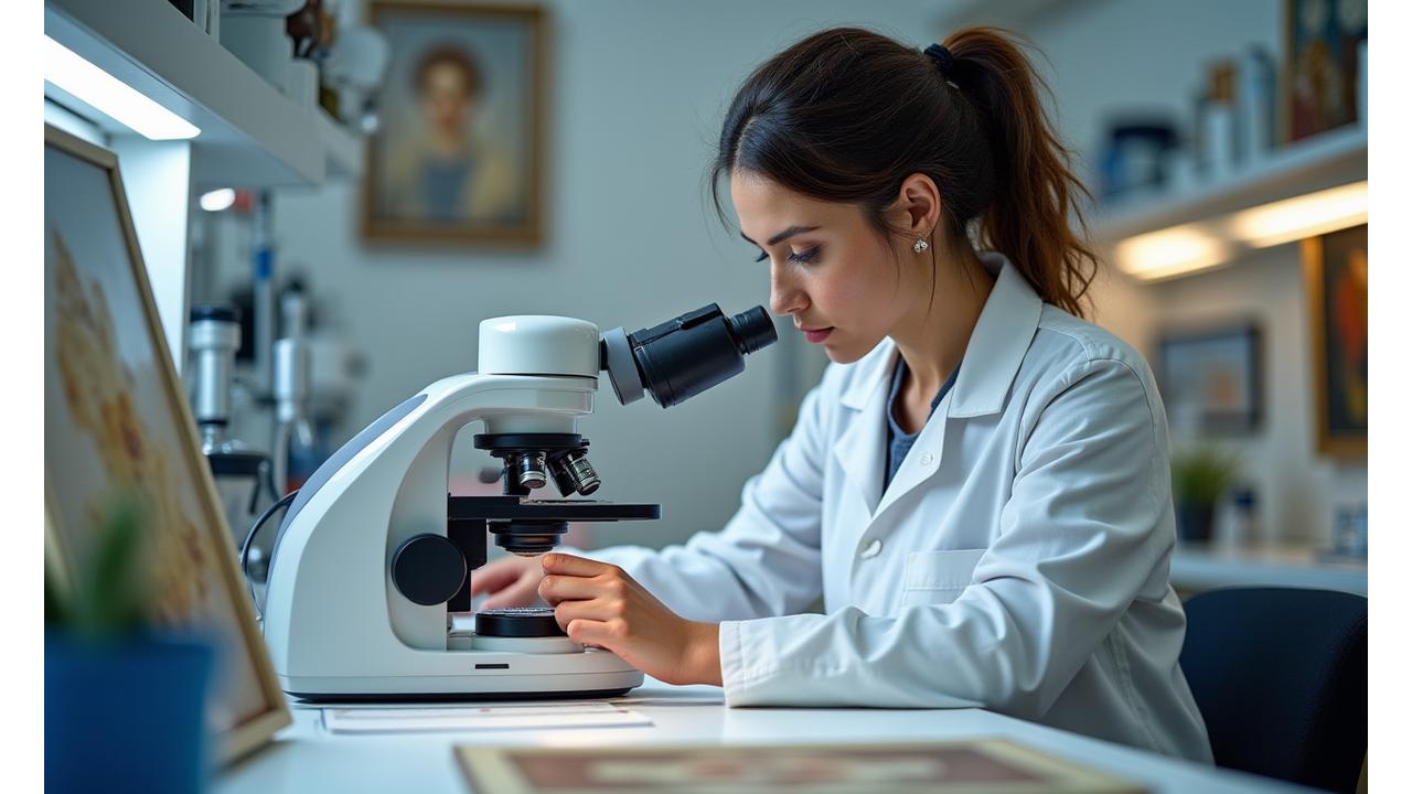 Art conservator examining a painting with scientific equipment in a modern laboratory