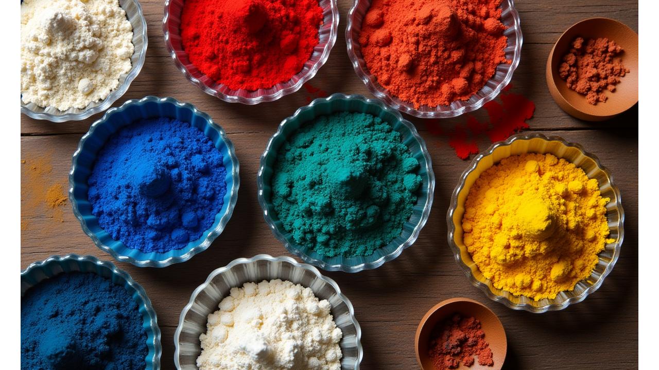 Arrangement of historical pigments in petri dishes, vibrant and earthy tones