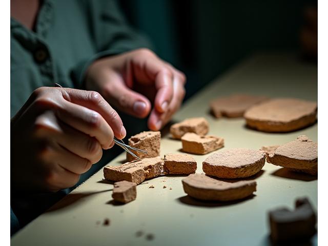 Archaeological ceramic artifact being carefully cleaned and reconstructed