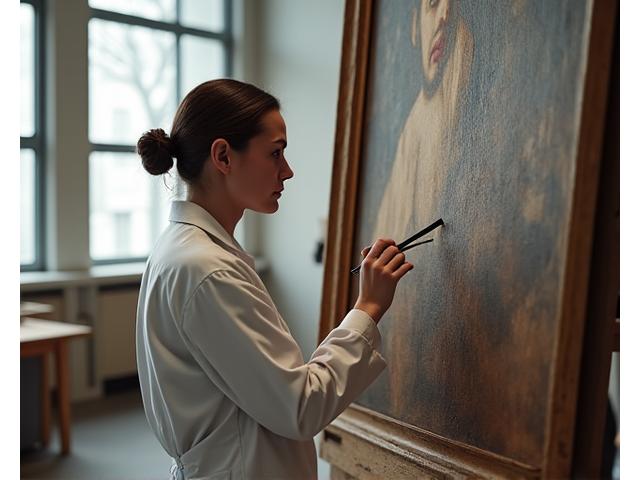 Art conservator working on a large historical painting in a museum setting