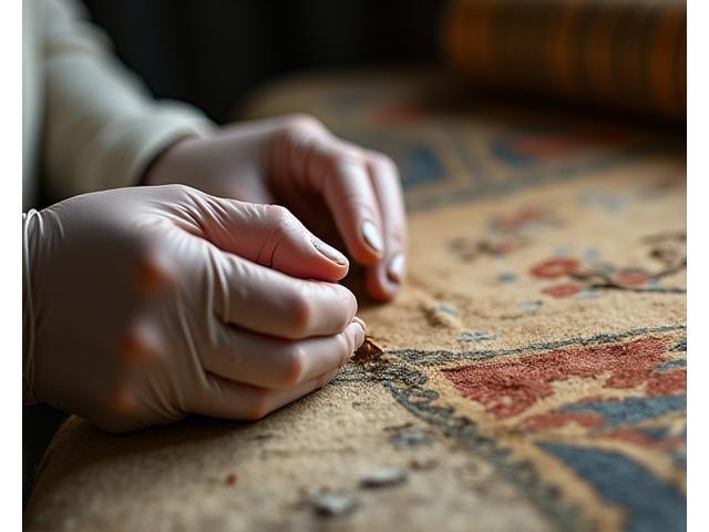 Delicate hands of a conservator repairing a tear in an antique tapestry in a private studio
