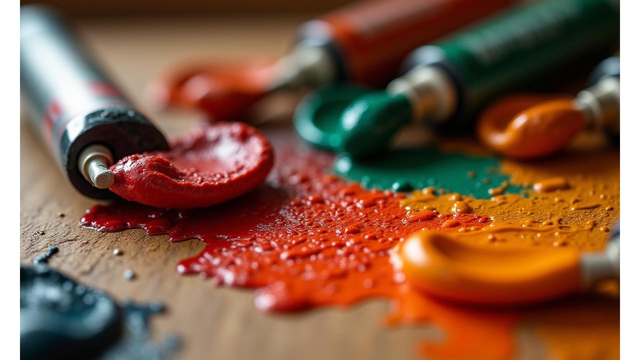 Vibrant palette of Amber Hues professional paints showing smooth consistency and rich pigments in tubes on a wooden artist's table