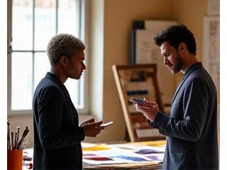 Artist consulting with a colour expert in a well lit studio