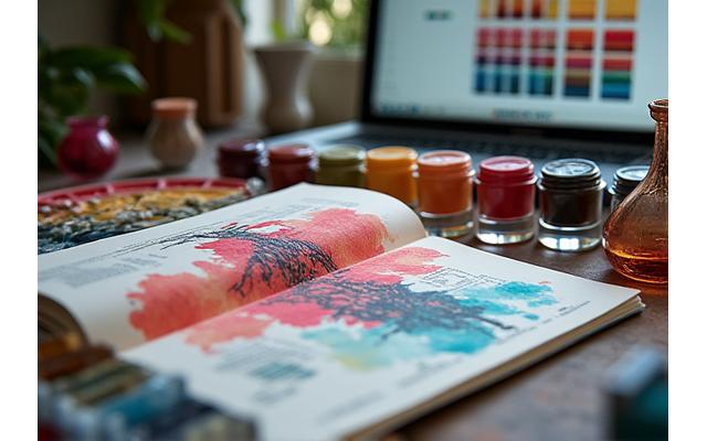 A detailed desk setup for a color consultation, featuring an open art history book, various pigment samples in small jars, a color wheel, and a modern laptop displaying a digital color palette. Soft, focused lighting.