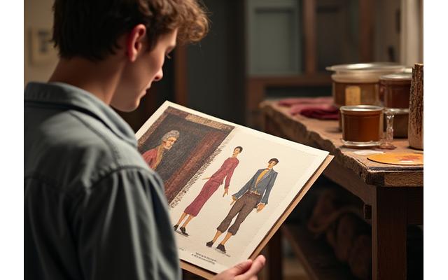A scene from a historical film set, where a set designer is meticulously checking prop colors against an archival photograph with a color swatch in hand.