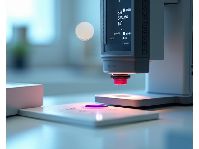 Close-up of a state-of-the-art spectrophotometer analyzing a tiny paint sample, with precise digital readings displayed.