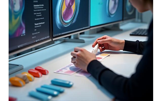 Designer carefully matching a product prototype's color to a digital rendering on a screen, with various pigment samples laid out on the desk.