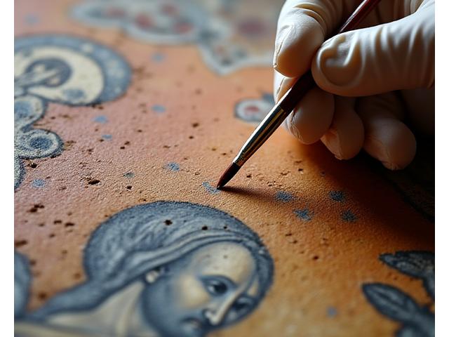 An art conservator meticulously applying a newly matched pigment to a section of an ancient fresco, highlighting the seamless integration.