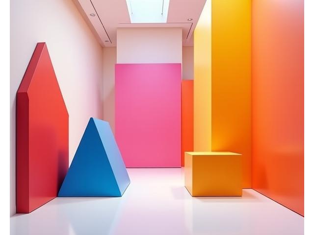 Photograph of a contemporary art installation featuring large, vividly colored geometric shapes whose colors appear perfectly harmonious and unique.