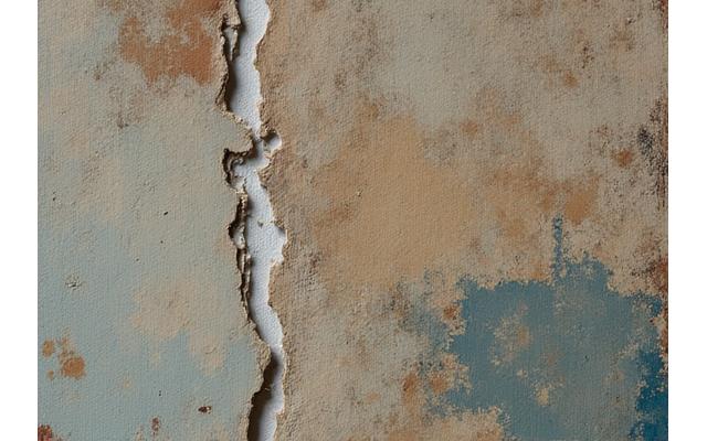 Close-up of a damaged section of an aged painting, showing faded and chipped paint. The colors appear dull and inconsistent.
