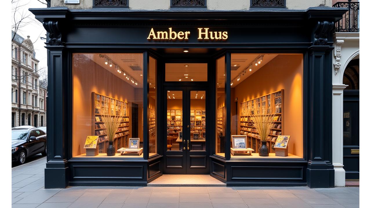 Welcoming exterior of Amber Hues store in Knightsbridge, London, bathed in soft morning light, showcasing elegant signage and large display windows.