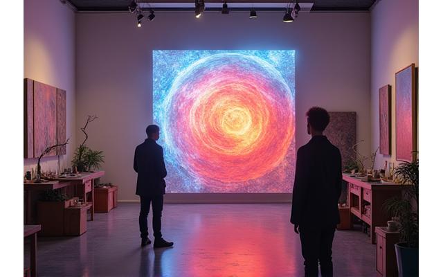 Artist applying a unique custom paint to a canvas within a gallery-like setting