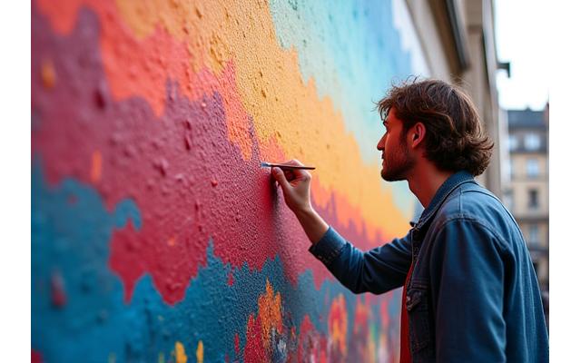 Vibrant custom-colored mural being painted on a large public wall