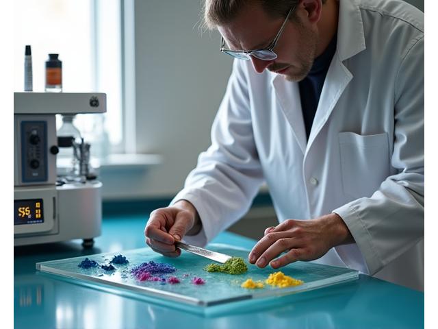 Master pigment blender meticulously measuring and mixing custom pigments in a lab setting, showcasing both traditional tools and modern equipment
