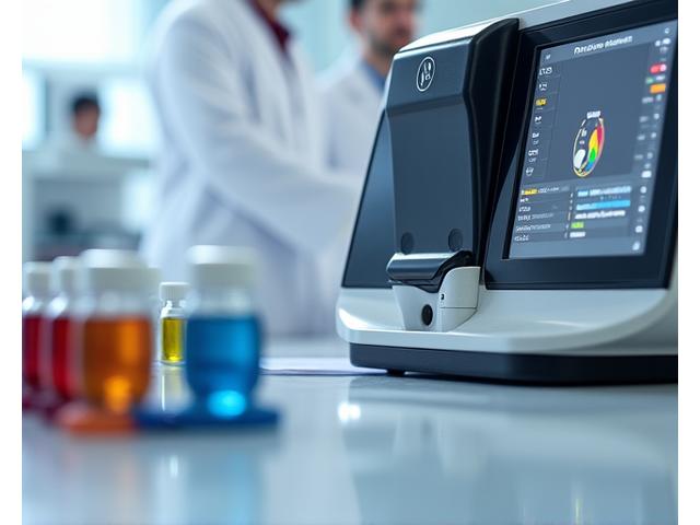 A close-up of a spectrophotometer analyzing a pigment sample in a clean, modern lab, with various color swatches nearby
