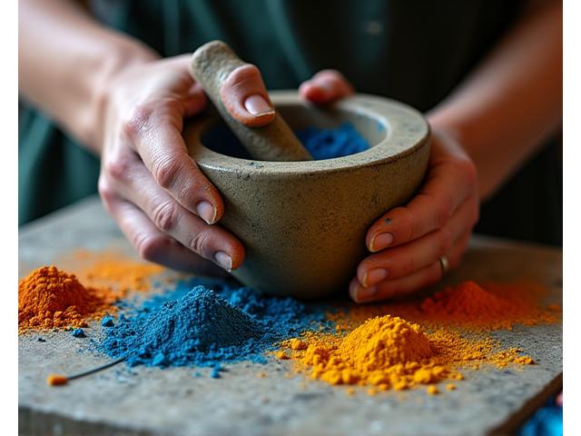 Close-up of artist meticulously grinding raw pigments, natural light, hands in focus.