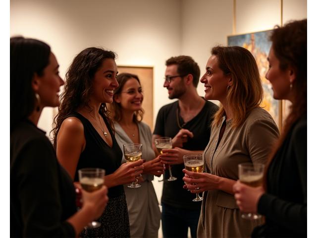 A diverse group of artists networking and chatting convivially at an Amber Hues alumni event.