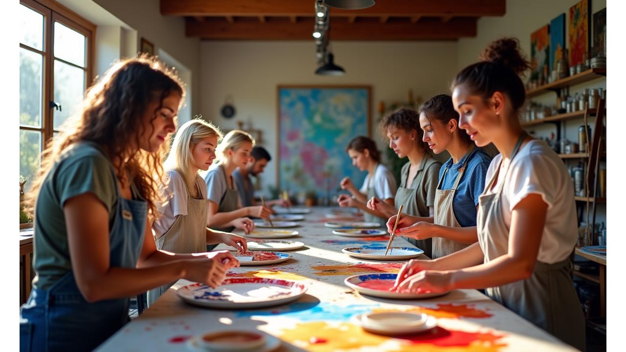 Artists in a vibrant workshop, mixing pigments and painting with intense focus and joy