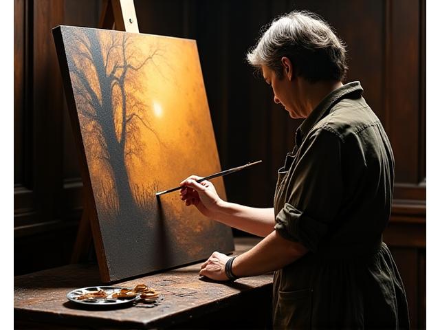 Artist applying glazes in an oil painting using traditional renaissance techniques in a dimly lit studio.