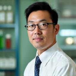 Portrait of Dr. Kai Lin, a pigment scientist, in a lab coat observing a color spectrometer.