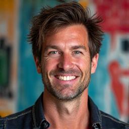 Portrait of Marcus Thorne, a contemporary artist, with bold and colourful abstract paintings in the background.