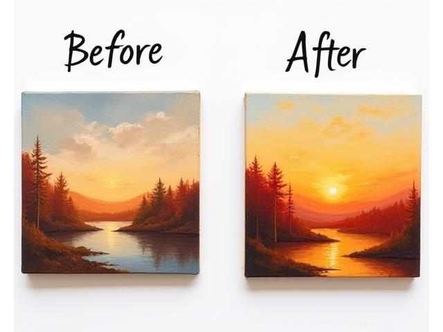 Side-by-side comparison of a student's artwork: a crude, undefined painting on the left, and a vibrant, detailed masterpiece on the right.