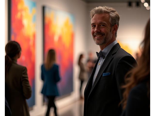 A proud artist standing next to their vibrant painting on display at a professional art exhibition.
