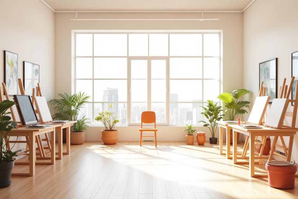 A clean, well-lit art studio with multiple individual workstations, easels, and natural light pouring in.