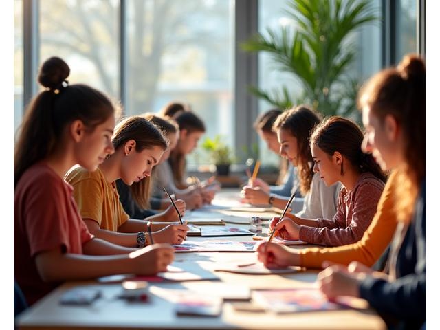 Students in a bright art studio actively engaged in painting, using Amber Hues art supplies.