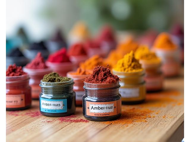 Assortment of Amber Hues pigment jars in various vibrant colours, meticulously arranged.