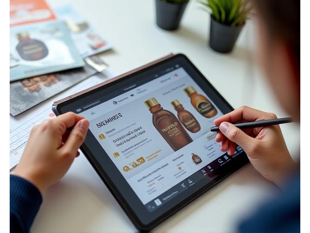 A designer creating marketing materials on a tablet, showcasing Amber Hues branding and promotional items.